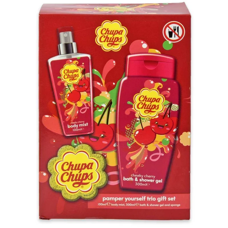 Chupa chups Set ciliegia Bagnoschiuma 300 ml Acqua profumata 100 ml Spugna — Set per il Bagno
