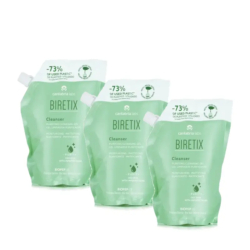 Biretix Gel de Limpeza Purificante - Recarga, Embalagem de 3 x 400 ml