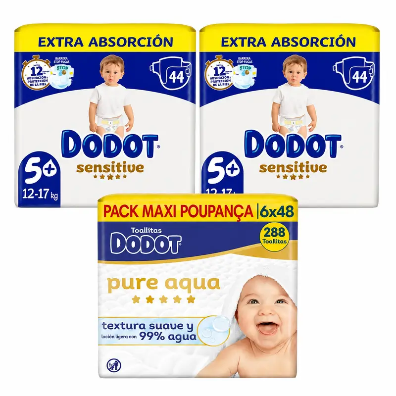 Dodot Sensitive Extra Jumbo Tamanho 5, 88 fraldas + Dodot Pure Aqua 288 toalhetes