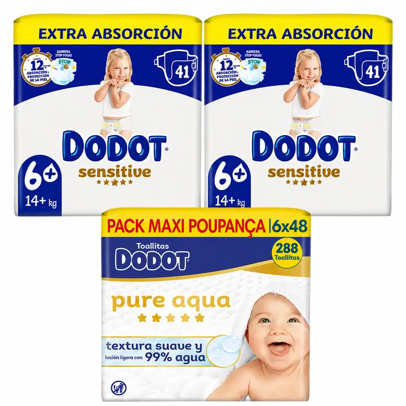 Dodot Sensitive Tamanho 6, 82 fraldas + Dodot Pure Aqua 288 toalhetes