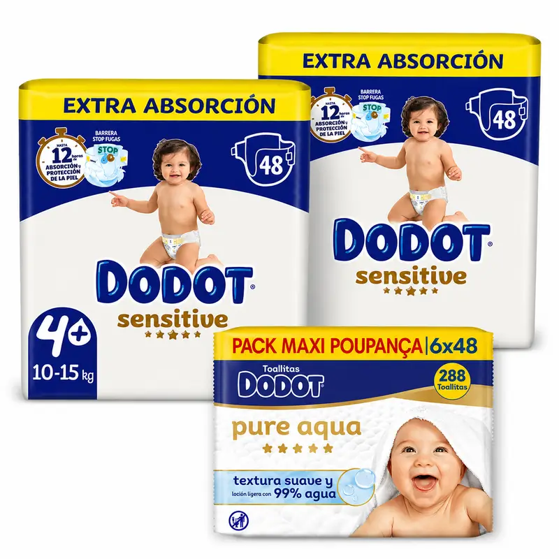 Dodot Sensitive Nappies Extra Absorvência 10-15 kg Tamanho 4+, 96 unid. + Dodot Pure Aqua 288 Toalhetes