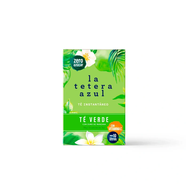 Chá verde frio La Tetera Azul sabor maçã. Pó para infusão a frio, caixa de 10 saquetas.