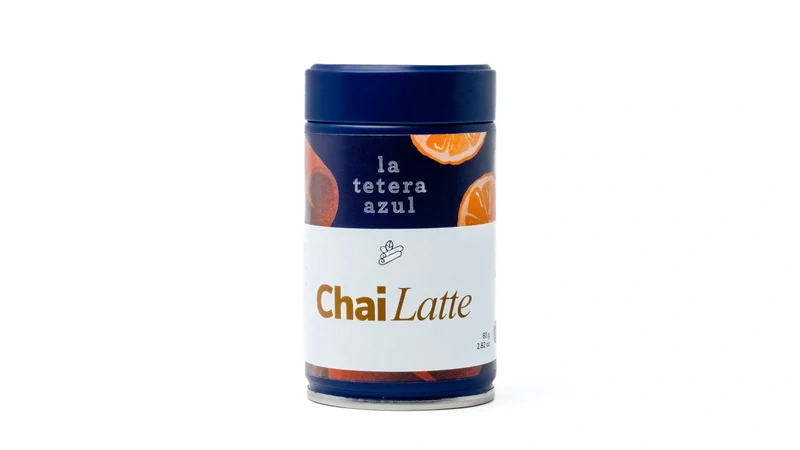 La Tetera Azul Chai Latte em pó, bebida ayurvédica tradicional, sem glúten, sem açúcar, sem lactose pote de 80g.