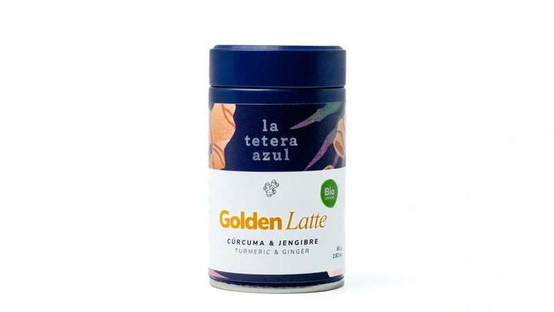 La Tetera Azul Golden Latte 100% Orgânico, Latte de Cúrcuma com Gengibre, Canela e Cardamomo, Infusão Gourmet Antioxidante pote de 80g.