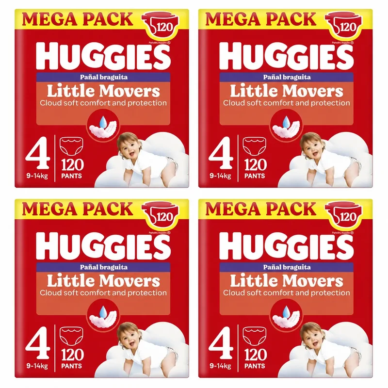 Huggies Little Movers Tamanho 4 (9-14 Kg) Fraldas Disney para Bebés, 120 unidades, embalagem de 4