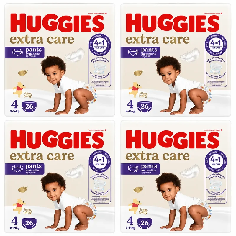 Fraldas Huggies Extra Care Tamanho 4 (9-14 Kg) Disney Baby, 26 unidades, embalagem 4