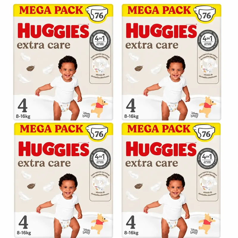 Huggies Extra Care Tamanho 4 (9-14 Kg) Fraldas Disney para Bebés , 76 unidades, embalagem 4