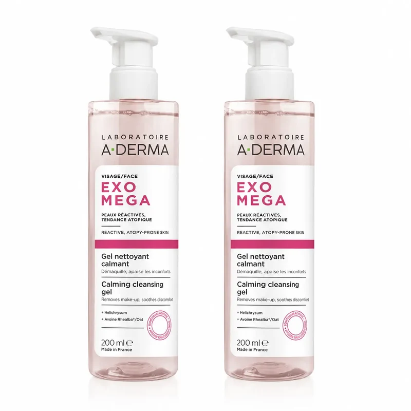 A-Derma Exomega Soothing Facial Cleansing Gel, 200 ml, embalagem de 2