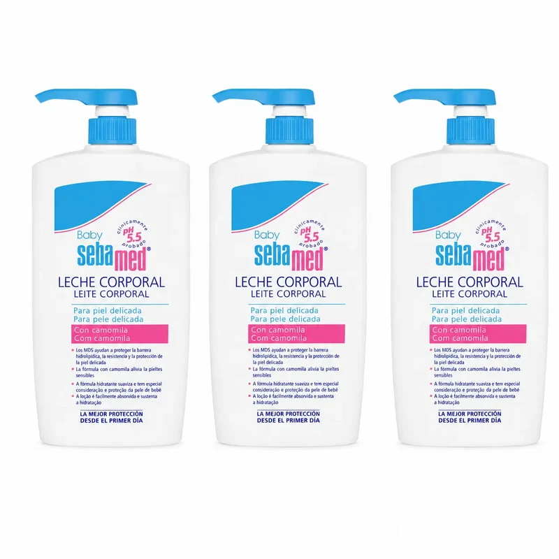 Leite corporal para bebés Sebamed para peles delicadas 750 ml, embalagem de 3