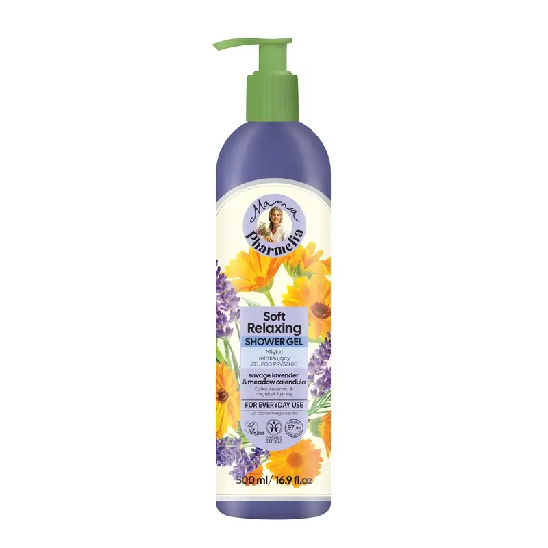 Mama Pharmelia Gel de duche suave e relaxante com lavanda selvagem e calêndula dos prados, 500 ml