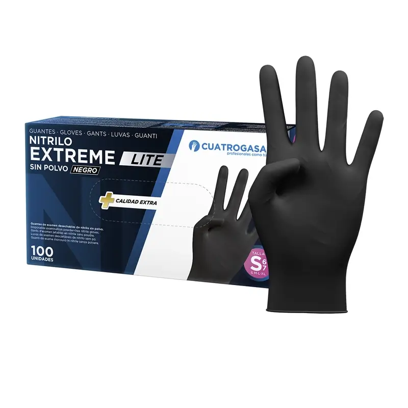 Luva Nitrílica Cuatrogasa Extreme Lite Preta S, 100 unidades