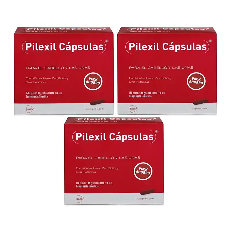 Pilexil cápsulas, embalagem 3 x 150 cápsulas.