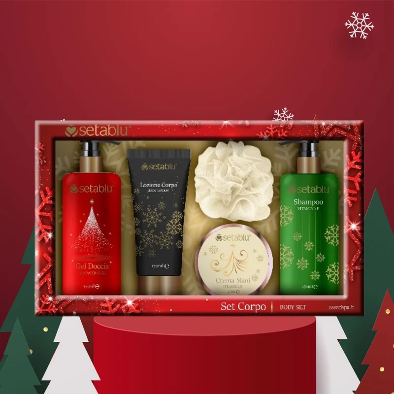 Setablu Set Corpo Natalizio con Gel Doccia + Shampoo Lozione Corpo + Crema Mani+ Spugna doccia