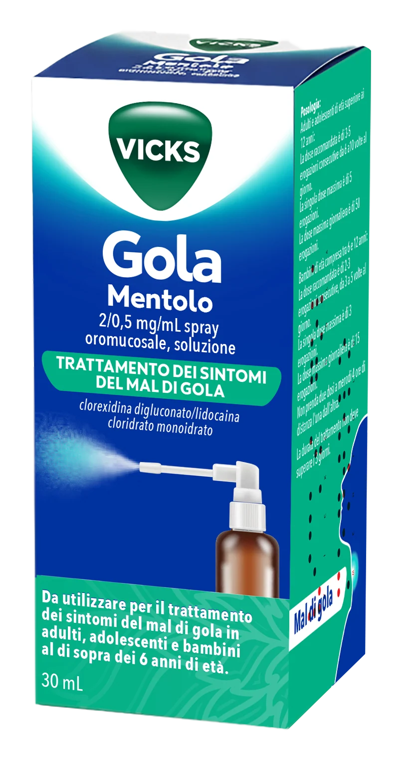 Vicks gola 2 mg/0,5 mg/ml spray per mucosa orale soluzione 1 flacone in vetro da 30 ml gusto mentolo con pompa sray