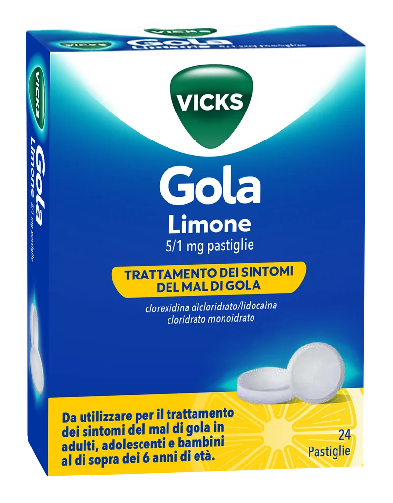 Vicks gola 5 mg/1 mg pastiglie 24 pastiglie gusto limone in blister al-pvc/petfe