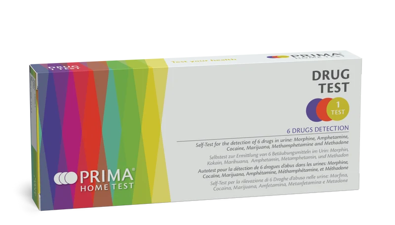 Test rapido multidroghe su urine PRIMA Home Test - pannello 6 sostanze (morfina, cocaina, THC, anfetamina, metanfetamina, metadone), lettura 5 minuti