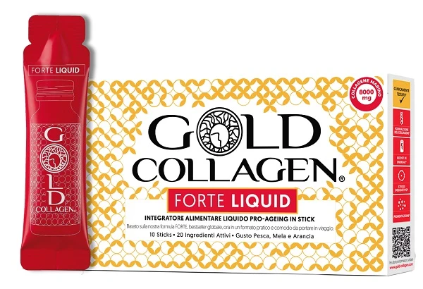 Gold collagen forte liquid 10 sticks da 25 ml gusto pesca mela e arancia con edulcorante