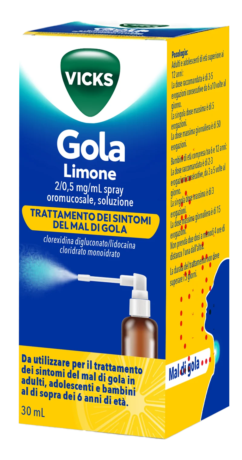 Vicks gola 2 mg/0,5 mg/ml spray per mucosa orale soluzione 1 flacone in vetro da 30 ml gusto limone con pompa sray