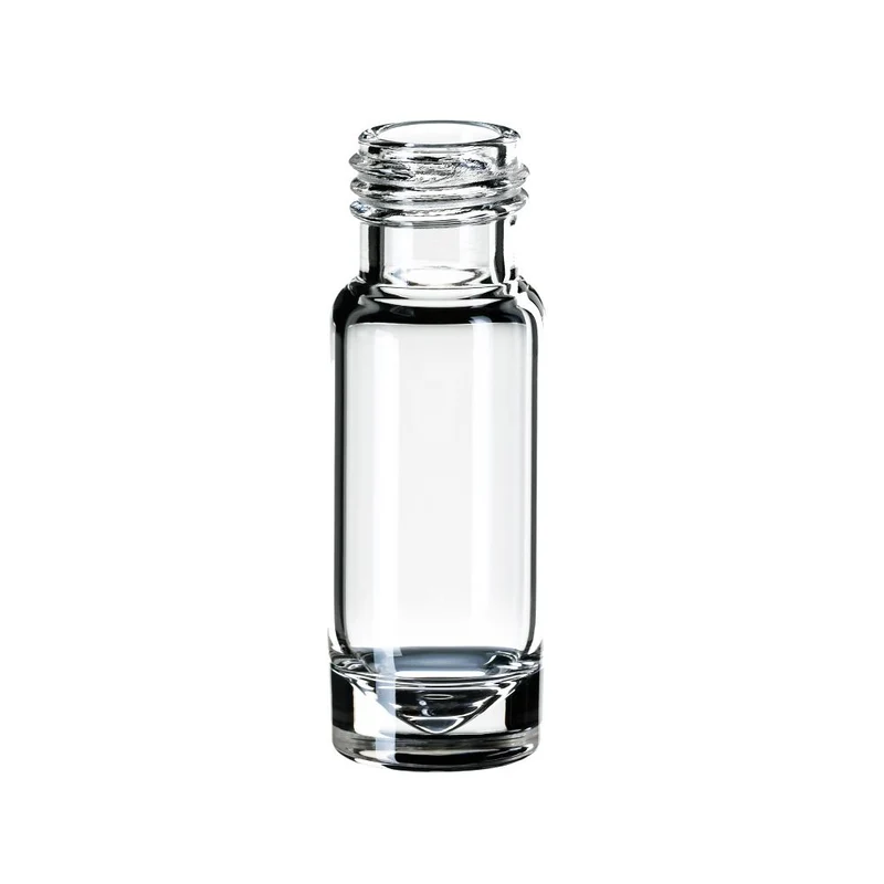 Vial 1,10 ml con imbuto 15 ul volume residuo, collo a vite ND9, apertura larga, dimensioni 32 x11,6 mm, vetro trasparente, fondo piatto cof. 100 pz