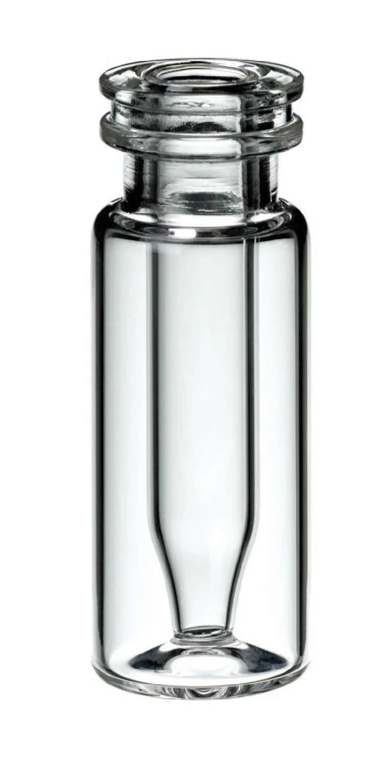 Vial con inserto 0.2 ml integrato, collo a vite ND9, apertura larga, dimensioni 32 x 11,6 mm, vetro trasparente, fondo piatto conf. 100 pz