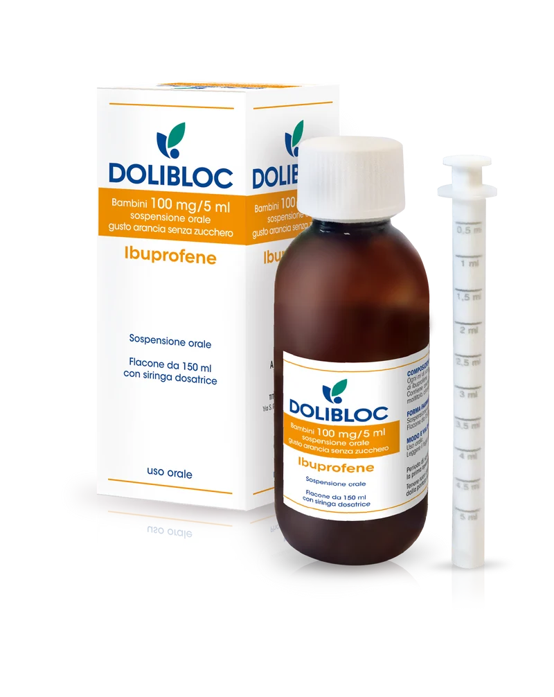 Dolibloc bambini 100 mg/5ml sospensione orale gusto arancia senza zucchero 1 flacone in pet 150ml con siringa dosatrice in pe