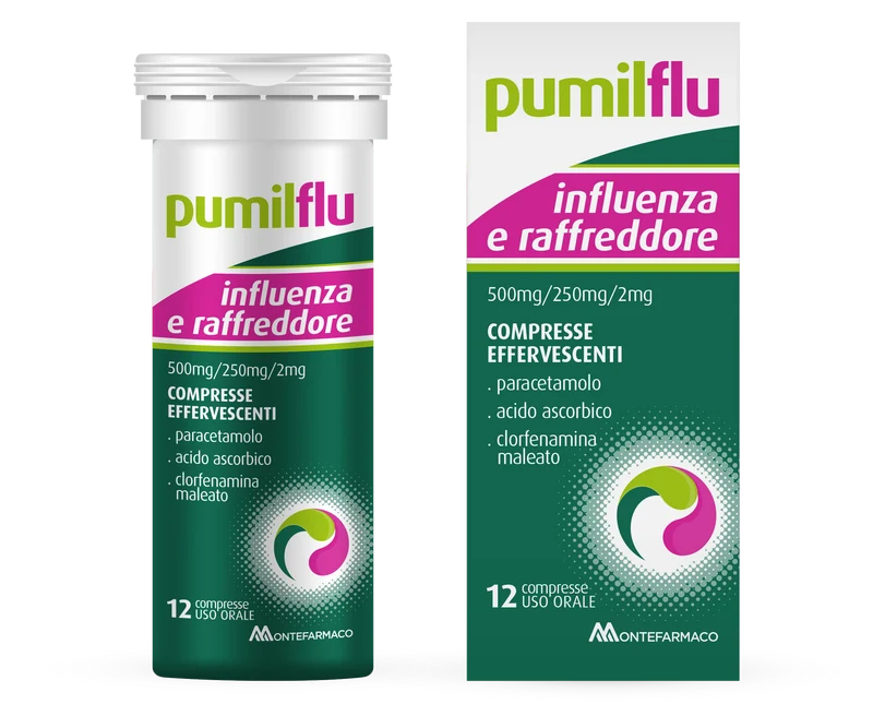 Pumilflu influenza e raffreddore 500 mg/250 mg/2 mg compresse effervescenti paracetamolo, acido ascorbico, clorfenamina maleato
