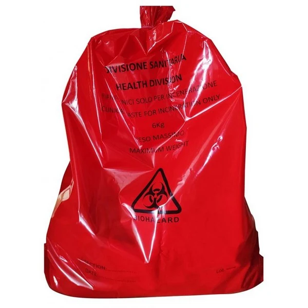 Sacchetti per rifiuti rischi biologici con simbolo BIOHAZARD - Dim. 60x75h cm - Conf.500 pz.