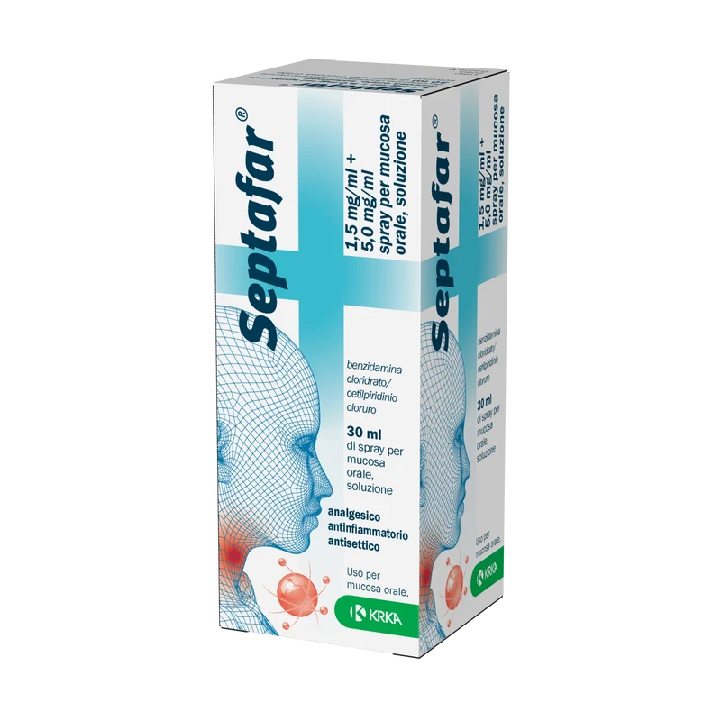 Septafar 1,5 mg/ml + 5,0 mg/ml spray per mucosa orale, soluzione benzidamina cloridrato/cetilpiridinio cloruro