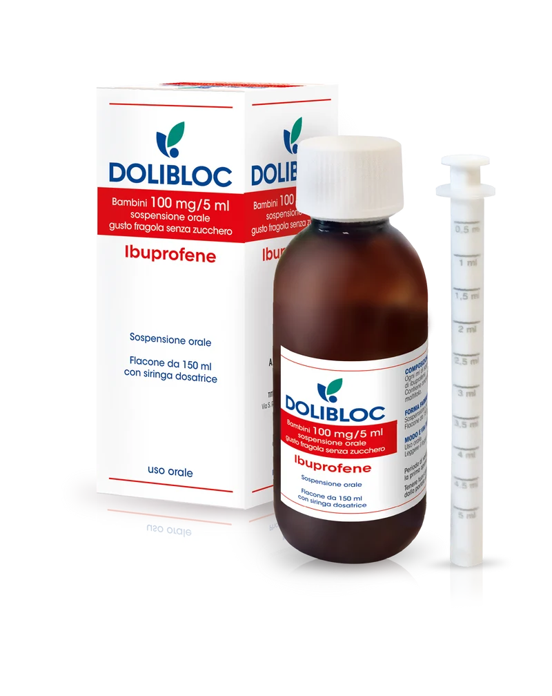 Dolibloc bambini 100mg/5ml sospensione orale gusto fragola senza zucchero 1 flacone in pet 150ml con siringa dosatrice in pe