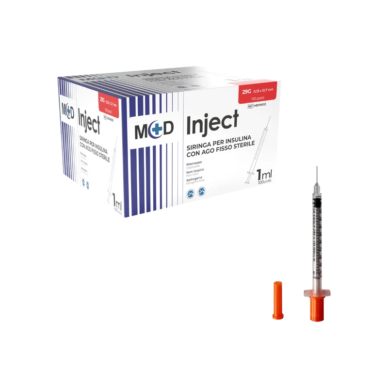 M+D Inject Insulina Siringa Monouso da Insulina 1ml con Ago Fisso 29G - Sterile