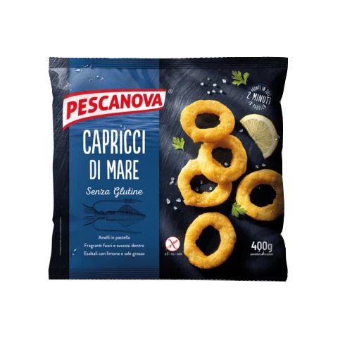 Pescanova capricci di mare anelli alla romana pastellati e surgelati senza glutine 400 g